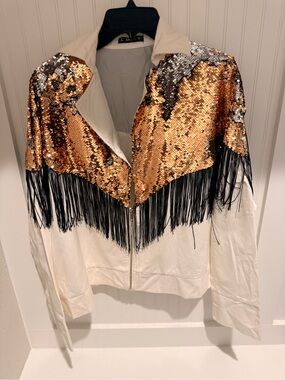 SHEIN White Jacket with Gold & Silver Sequined Fringe